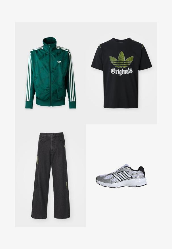Grüne Adidas-Jacke mit durchgehendem Reißverschluss, weißen Streifen an den Ärmeln, gerippten Bündchen und Saum sowie Adidas-Logo auf der linken Brust.; Schwarzes Baumwoll-T-Shirt mit einem abgenutzten grünen Grafikdesign, das drei Streifen zeigt, sowie dem Wort "Originals" darunter in Weiß. Rundhalsausschnitt, kurze Ärmel.; Schwarze, weite Jeanshose mit Knopfschluss, mehreren Taschen und grünen Akzenten an den Seiten mit sichtbaren Nähdetails.; Mesh-Sportschuh in Weiß und Silber mit schwarzen Akzenten, drei weißen Streifen als Logo, gepolstertem Kragen und strukturiertem Gummisohle.