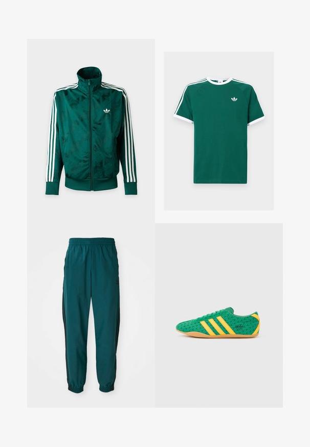 Πράσινο μπουφάν Adidas με ολόκληρο φερμουάρ και λευκές ρίγες στα μανίκια, ριμπ ζώνες στις μανσέτες και στο τελείωμα, και λογότυπο Adidas στο αριστερό στήθος.; Πράσινο βαμβακερό μπλουζάκι με λευκές λεπτομέρειες, featuring κοντά μανίκια, στρογγυλή λαιμόκοψη και τρεις λευκές ρίγες σε κάθε ώμο. Μικρό λογότυπο στο στήθος.; Τιρκουάζ αθλητικά παντελόνια με ζωνάκι προσαρμογής, ελαστικούς μανσέτες και μαύρες ρίγες στα πλάγια. Φτιαγμένα από ελαφρύ ύφασμα, με λογότυπο κοντά στο ισχίο.; Πράσινα υφασμάτινα αθλητικά παπούτσια με κίτρινες λεπτομέρειες και τρεις ρίγες, με ζιγκ ζαγκ μοτίβο και σόλα από καουτσούκ χρώματος τσίχλας.