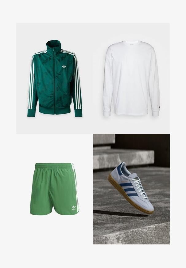Rohelise täislukuga Adidas jakk, millel on valged triibud varrukatel, soonikkoes mansetid ja ääred ning Adidas logo vasakul rinnal.; Valge pika varrukaga T-särk, mis on valmistatud puuvillast. Ümmargune kaelus, ribaga mansetid ja väike logo vasakul varrukal. Sile tekstuur.; Roheline sportlik lühikesed püksid, mis on valmistatud kergetest materjalidest, valgete küljeribade ja Adidas logo diivani vasakus ääres. Elastne vöökoht.; Helehall Adidas Spezial toss tumedasiniste triipude ja kummipõhjaga, kujutatud õhus betooniastmete kohal neutraalses välistingimustes.