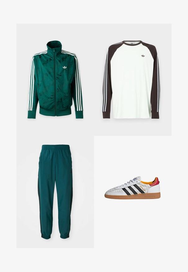 Grøn Adidas jakke med fuld lynlås og hvide striber på ærmerne, ribbede manchetter og kant samt Adidas-logo på venstre bryst.; Hvid langærmet skjorte med brune raglanærmer. Har blå og hvide stribede detaljer på ærmerne og et lille logo på brystet.; Teal sportsbukser med snoretræk i taljen, elastiske manchetter og sorte striber på siden. Lavet af letvægtsstof med et logo nær hoften.; Hvid Adidas Spezial sneaker med sorte striber, gummisål, quiltet mønster, rød hælflap og gul inderfor, set fra siden.