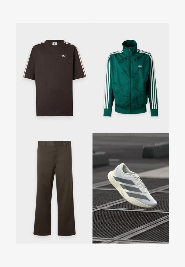 Πράσινο μπουφάν Adidas με ολόκληρο φερμουάρ και λευκές ρίγες στα μανίκια, ριμπ ζώνες στις μανσέτες και στο τελείωμα, και λογότυπο Adidas στο αριστερό στήθος.; Καφέ βαμβακερό t-shirt με κοντά μανίκια, που διαθέτει λευκές ρίγες στους ώμους και ένα μικρό λευκό λογότυπο στο στήθος.; Καφέ παντελόνι με ίσια γραμμή από ανθεκτικό ύφασμα, με επίπεδη μπροστινή όψη, θηλιές για ζώνη και απλό τελείωμα. Χωρίς ορατά σχέδια ή μεταλλικά στοιχεία.; Λευκό αθλητικό παπούτσι με υφή από διχτυωτό υλικό στο πάνω μέρος, με γκρι ρίγες και επενδεδυμένη σόλα. Ελαφρύς σχεδιασμός κατάλληλος για τρέξιμο.