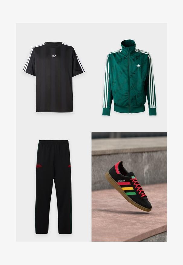 Grøn Adidas jakke med fuld lynlås og hvide striber på ærmerne, ribbede manchetter og kant samt Adidas-logo på venstre bryst.; Sort t-shirt med korte ærmer, hvide tre-stribede design på skuldrene og en lille hvid logo på brystet. Fremstillet af letvægtsstof.; Sorte atletikbukser med elastisk linning, grønne sidelister og rødt broderet logo på begge sider. Glat, letvægtsmateriale.; Sort Adidas Spezial-sneaker med røde, gule og grønne striber, røde snørebånd, gummisål og rødt hældetalje, vist svævende over fortovet.