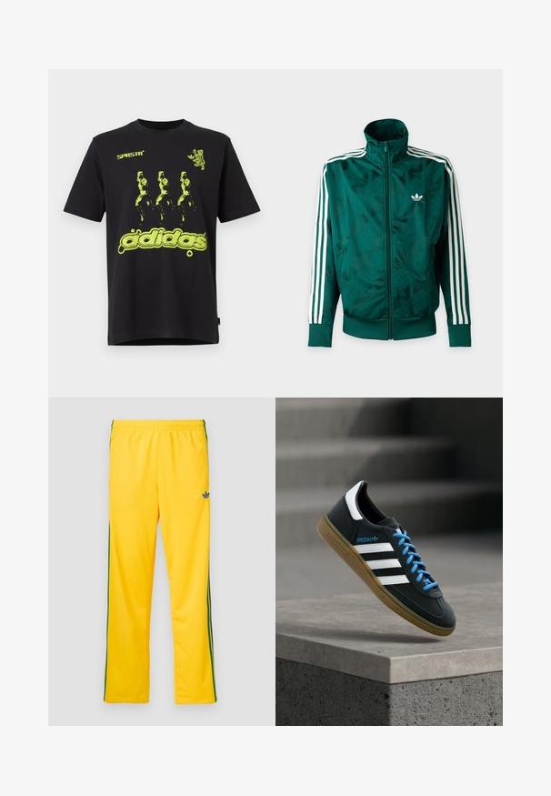 Grøn Adidas jakke med fuld lynlås og hvide striber på ærmerne, ribbede manchetter og kant samt Adidas-logo på venstre bryst.; Sort bomulds t-shirt med et lysende grønt grafisk design med tre figurer og "adidas" tekst nederst. Rund hals stil.; Gule sportbukser med elastisk talje, der har grønne striber på siden og en lille blå logo på venstre lår. Glat stoftekstur.; Sort Adidas sneaker med hvide striber, blå snørebånd og gummisål, der svæver over gråt betontrin i blødt lys.