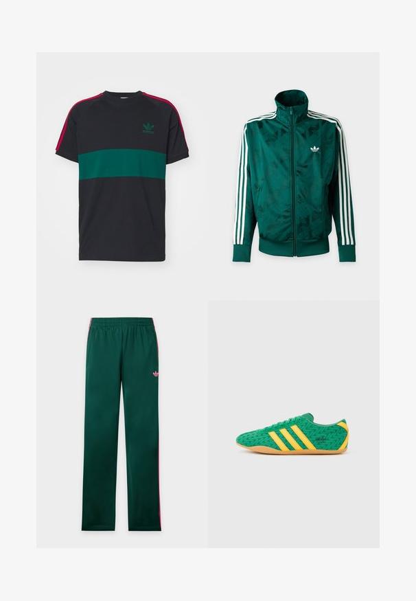 Πράσινο μπουφάν Adidas με ολόκληρο φερμουάρ και λευκές ρίγες στα μανίκια, ριμπ ζώνες στις μανσέτες και στο τελείωμα, και λογότυπο Adidas στο αριστερό στήθος.; Βαμβακερό T-shirt με μαύρο σώμα, πράσινη οριζόντια λωρίδα και κόκκινες λεπτομέρειες στους ώμους. Διαθέτει ένα μικρό πράσινο λογότυπο της Adidas στο στήθος.; Πράσινο παντελόνι φόρμας με ροζ πλαϊνές ρίγες, ελαστική μέση, τσέπες και μικρό ροζ λογότυπο Adidas στο αριστερό μηρό.; Πράσινα υφασμάτινα αθλητικά παπούτσια με κίτρινες λεπτομέρειες και τρεις ρίγες, με ζιγκ ζαγκ μοτίβο και σόλα από καουτσούκ χρώματος τσίχλας.