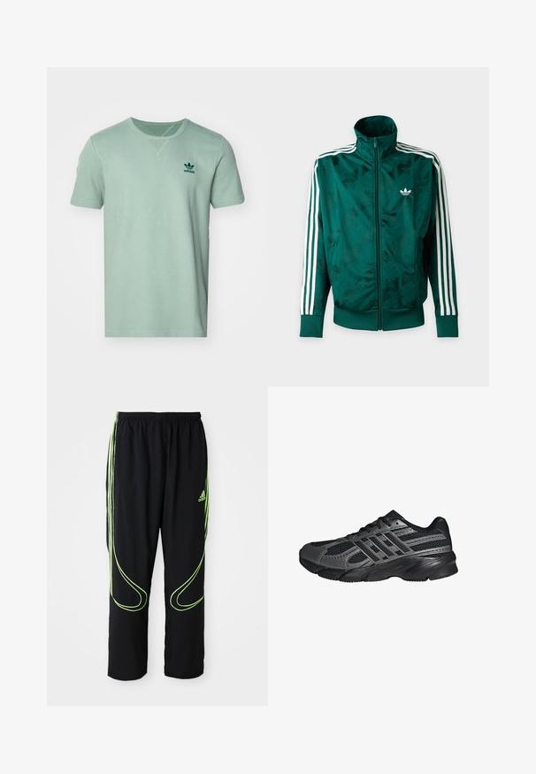 Zelená bunda Adidas so zapínaním na celý zips, bielymi pásikmi na rukávoch, rebrovanými manžetami a lemom a logom Adidas na ľavej strane hrudníka.; Krátky rukáv, mätovo zelené tričko s textúrovaným vzorom, okrúhly výstrih a tmavozelené logo adidas na ľavej hrudi.; Čierne atletické nohavice Adidas s neonovo zelenými zakrivenými líniami a tromi pruhmi po stranách, elastickým pásom a logom Adidas na prednom stehne.; Čierne športové topánky vyrobené z pletiva a syntetických materiálov, s textúrovaným povrchom, viacerými šedými pruhmi a polstrovaným golierom.