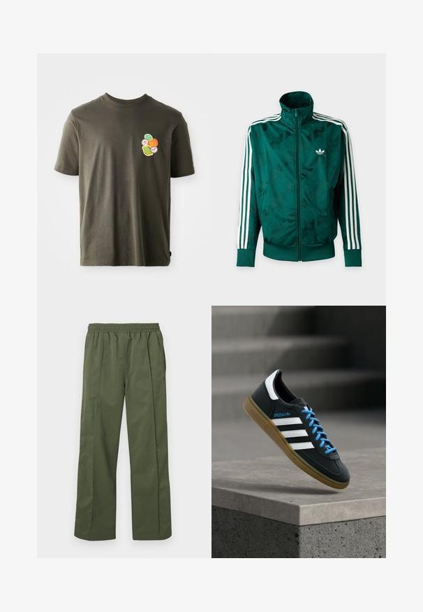 Chaqueta Adidas verde con cremallera completa, rayas blancas en las mangas, puños y bajo acanalados, y logo de Adidas en el pecho izquierdo.; Camiseta de algodón verde oliva oscura con cuello redondo. Presenta un diseño impreso colorido de formas circulares en el área del lado izquierdo del pecho.; Pantalones verdes, ligeros y de pierna ancha con cintura elástica y bolsillos laterales. Textura suave con un ajuste holgado, diseñados para la comodidad.; Zapatilla negra Adidas con franjas blancas, cordones azules y suela de goma flotando sobre un escalón de hormigón gris con luz suave.