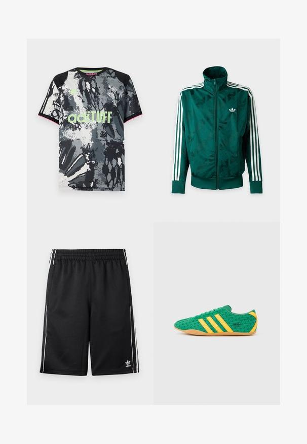 Πράσινο μπουφάν Adidas με ολόκληρο φερμουάρ και λευκές ρίγες στα μανίκια, ριμπ ζώνες στις μανσέτες και στο τελείωμα, και λογότυπο Adidas στο αριστερό στήθος.; Μπλούζα αθλητική κοντομάνικη με στρογγυλή λαιμόκοψη, σε μαύρη, λευκή και γκρι αφηρημένη εκτύπωση. Διαθέτει λογότυπο "adiTUFF" σε νεον πράσινο και ροζ λεπτομέρειες.; Μαύρο αθλητικό σορτς Adidas με λευκές ρίγες στα πλάγια, ελαστική μέση, πλαϊνές τσέπες και λογότυπο Adidas στο κάτω αριστερό πόδι.; Πράσινα υφασμάτινα αθλητικά παπούτσια με κίτρινες λεπτομέρειες και τρεις ρίγες, με ζιγκ ζαγκ μοτίβο και σόλα από καουτσούκ χρώματος τσίχλας.