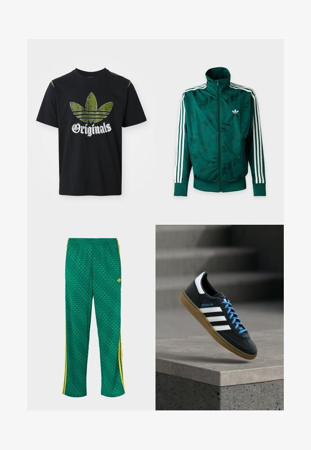 Zelená bunda Adidas so zapínaním na celý zips, bielymi pásikmi na rukávoch, rebrovanými manžetami a lemom a logom Adidas na ľavej strane hrudníka.; Čierne bavlnené tričko s roztrhnutým zeleným grafickým dizajnom so tromi pruhmi a slovom "Originals" pod ním v bielej farbe, okrúhly výstrih, krátke rukávy.; Zelené športové nohavice s listovým vzorom, elastickým pásom, žltými bočnými pruhmi, voľný strih.; Čierna teniska Adidas s bielymi pruhmi, modrými šnúrkami a gumovou podrážkou, ktorá sa vznáša nad sivým betónovým schodom v mäkkom svetle.