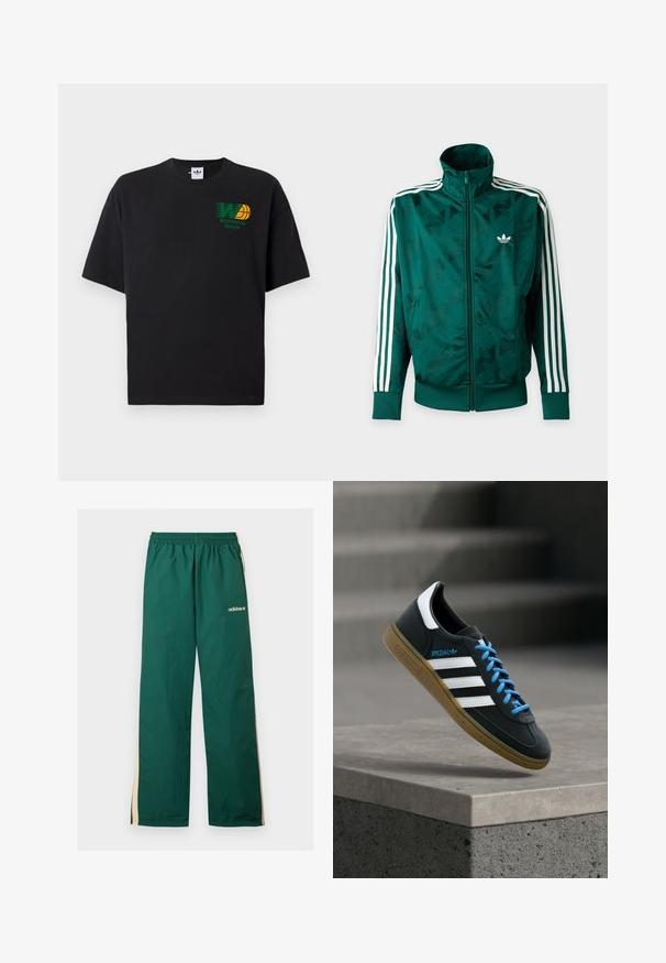 Grüne Adidas-Jacke mit durchgehendem Reißverschluss, weißen Streifen an den Ärmeln, gerippten Bündchen und Saum sowie Adidas-Logo auf der linken Brust.; Schwarzes Baumwoll-T-Shirt mit kurzen Ärmeln. Auf der Vorderseite befindet sich ein grünes und gelbes "Worldwide Hoops"-Grafik. Lockere Passform, runder Halsausschnitt.; Grüne Adidas Trainingshose mit beigen Seitenstreifen, elastischem Bund und weißem Adidas-Logo am oberen linken Bein.; Schwarzer Adidas-Sneaker mit weißen Streifen, blauen Schnürsenkeln und Gummisohle, der über einer grauen Betontreppe im weichen Licht schwebt.