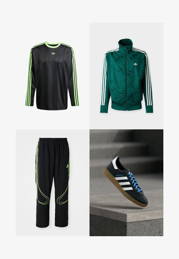 Grüne Adidas-Jacke mit durchgehendem Reißverschluss, weißen Streifen an den Ärmeln, gerippten Bündchen und Saum sowie Adidas-Logo auf der linken Brust.; adidas Originals JACQ - Langarmshirt - black signal green; Schwarze Adidas Sportpants mit neongrünen, gebogenen Linien und drei Streifen an den Seiten, elastischem Bund und Adidas-Logo am Vorderoberschenkel.; Schwarzer Adidas-Sneaker mit weißen Streifen, blauen Schnürsenkeln und Gummisohle, der über einer grauen Betontreppe im weichen Licht schwebt.