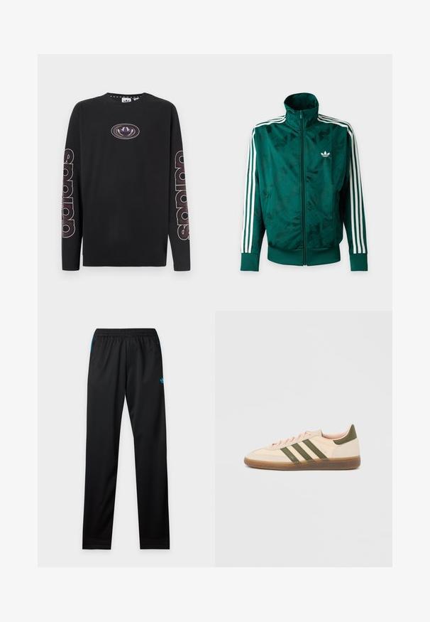 Πράσινο μπουφάν Adidas με ολόκληρο φερμουάρ και λευκές ρίγες στα μανίκια, ριμπ ζώνες στις μανσέτες και στο τελείωμα, και λογότυπο Adidas στο αριστερό στήθος.; Μαύρο μακρυμάνικο βαμβακερό πουκάμισο με κεντρικό λογότυπο και μεγάλα γραφικά κειμένου κατά μήκος των μανικιών σε αντιθετικά χρώματα.; Μαύρο αθλητικό παντελόνι με ελαστική μέση, πλαϊνές τσέπες με φερμουάρ και μικρό μπλε λογότυπο Adidas στο πάνω αριστερό μηρό.; Χαμηλού προφίλ μπεζ αθλητικό παπούτσι Adidas Spezial με πράσινες ρίγες, σόλα από καουτσούκ και την επωνυμία "SPEZIAL" στην πλευρά, εμφανίζεται από την εξωτερική πλευρά.
