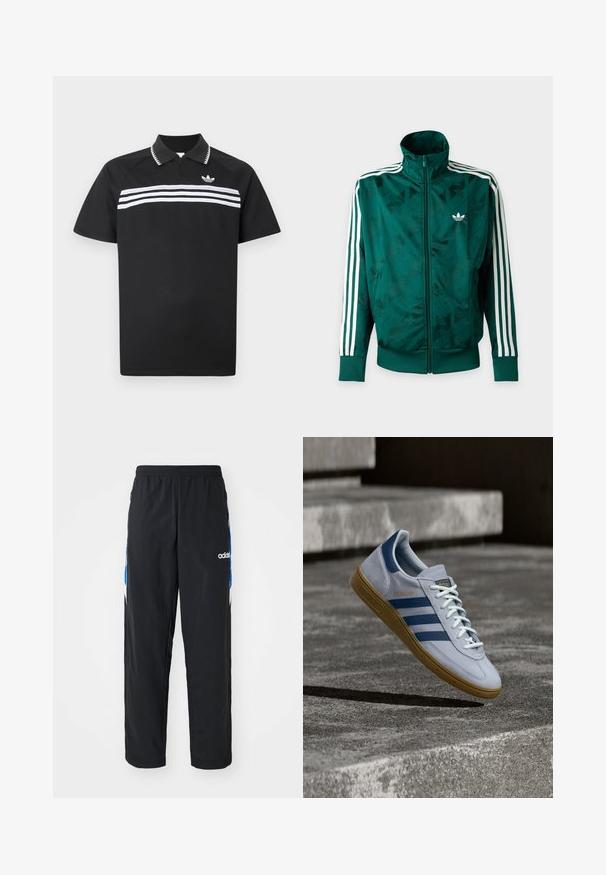 Πράσινο μπουφάν Adidas με ολόκληρο φερμουάρ και λευκές ρίγες στα μανίκια, ριμπ ζώνες στις μανσέτες και στο τελείωμα, και λογότυπο Adidas στο αριστερό στήθος.; Μαύρο πόλο μπλουζάκι με φερμουάρ στο γιακά, που διαθέτει τρεις λευκές οριζόντιες ρίγες στο στήθος και ένα μικρό λογότυπο στο πάνω αριστερό μέρος.; Μαύρο αθλητικό παντελόνι με ελαστική μέση, διακοσμημένο με μπλε και λευκές γραφικές λεπτομέρειες στις πλευρές, και κεντημένο λογότυπο.; Φωτεινό γαλάζιο αθλητικό παπούτσι Adidas Spezial με ναυτικό μπλε ρίγες και λαστιχένια σόλα, εμφανιζόμενο στον αέρα πάνω από σκάλες από σκυρόδεμα σε ουδέτερο υπαίθριο περιβάλλον.