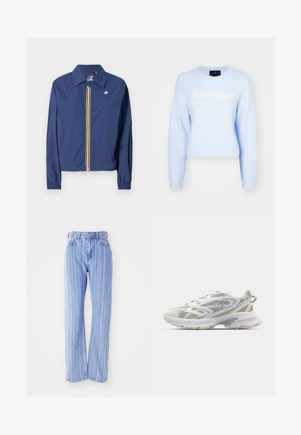 Mørkeblå jakke med spidse kraver, frontlynlås med en flerfarvet stribe, elastiske ærmer og et logo på brystet.; Lyseblå cropped sweater lavet af blødt, tekstureret stof. Har et stort hvidt "jordan" logo på fronten og et lille logo på ærmet.; Lyseblå denimjeans med vertikale hvide striber, høj talje, løs pasform, fem lommer og knaplukning.; Mesh atletiksko i grå og creme, med en tekstureret overdel, forstærket tå og en lysfarvet, robust ydersål for greb.
