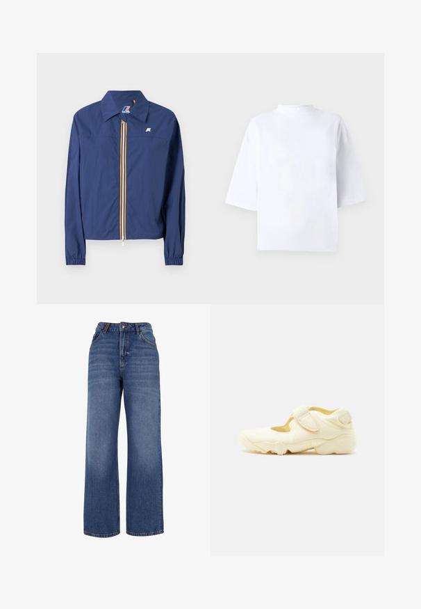 Chaqueta azul marino con cuello puntiagudo, cierre frontal con cremallera que presenta una franja multicolor, puños elásticos y un logo en el pecho.; Top blanco de algodón de manga corta con escote alto y redondeado y ajuste holgado. Textura suave, sin patrones ni detalles visibles.; Pantalones vaqueros de pierna ancha hechos de tejido de algodón azul de peso medio. Presentan un diseño clásico de cinco bolsillos y una cremallera con cierre de botón.; Zapatilla deportiva beige con suela gruesa, diseño con recortes y dos correas ajustables de velcro sobre fondo blanco.