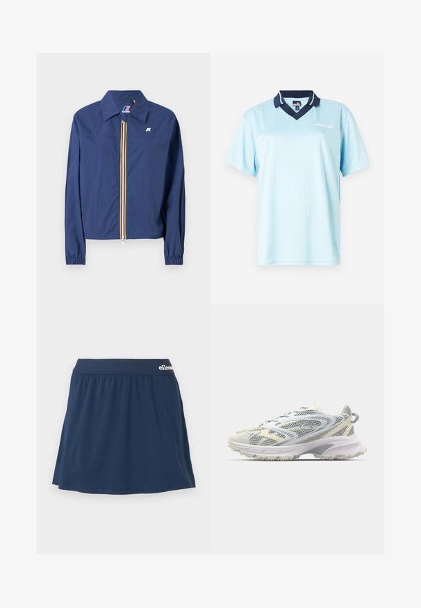 Marineblaue Jacke mit spitzem Kragen, Frontreißverschluss mit mehrfarbigem Streifen, elastischen Bündchen und einem Logo auf der Brust.; Hellblauses Polo-Shirt mit kurzen Ärmeln und einem Marinekragen. Vertikale Nadelstreifen und Logo-Akzent auf der Vorderseite. Glattes, leichtes Material.; Marineblaue, weiche Stoff-Skort mit elastischem Bund. Verfügt über ein gerafftes Design und ein kleines Logo am Bund.; Mesh-Sportschuh in Grau und Creme, mit strukturiertem Obermaterial, verstärkter Spitze und einer hellen, robusten Laufsohle für besseren Halt.