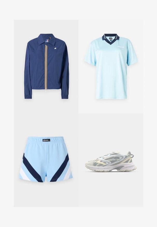 Marineblaue Jacke mit spitzem Kragen, Frontreißverschluss mit mehrfarbigem Streifen, elastischen Bündchen und einem Logo auf der Brust.; Hellblauses Polo-Shirt mit kurzen Ärmeln und einem Marinekragen. Vertikale Nadelstreifen und Logo-Akzent auf der Vorderseite. Glattes, leichtes Material.; Hellblaue Sportshorts mit marineblauen und weißen Chevron-Streifen sowie einem elastischen Bund mit einem schwarzen Etikett und weißem Text.; Mesh-Sportschuh in Grau und Creme, mit strukturiertem Obermaterial, verstärkter Spitze und einer hellen, robusten Laufsohle für besseren Halt.