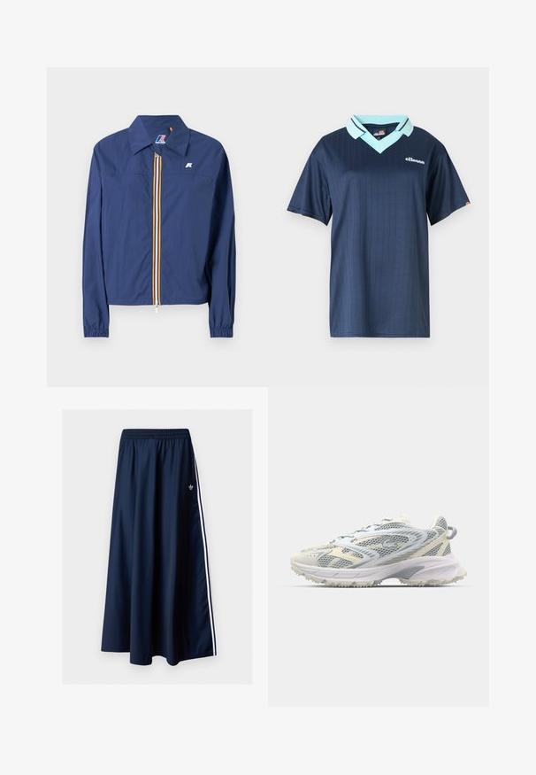 Námornícka modrá bunda s špicatým golierom, zapínanie na zips vpredu s viacfarebným pruhom, elastické manžety a logo na hrudi.; Námornícky modrá polokošeľa s krátkym rukávom, svetlomodrým golierom a vertikálnym prúžkovaním. Obsahuje biele logo značky na hrudi.; Tmavomodrá maxi sukňa s elastickým pásom, dvoma bielymi bočnými pruhmi a malým bielym logom Adidas na ľavej strane.; Športová obuv z textilnej sieťoviny v sivohnedej a krémovej farbe, s textúrovaným zvrškom, spevnenou špičkou a svetlou, odolnou podrážkou pre lepšiu trakciu.