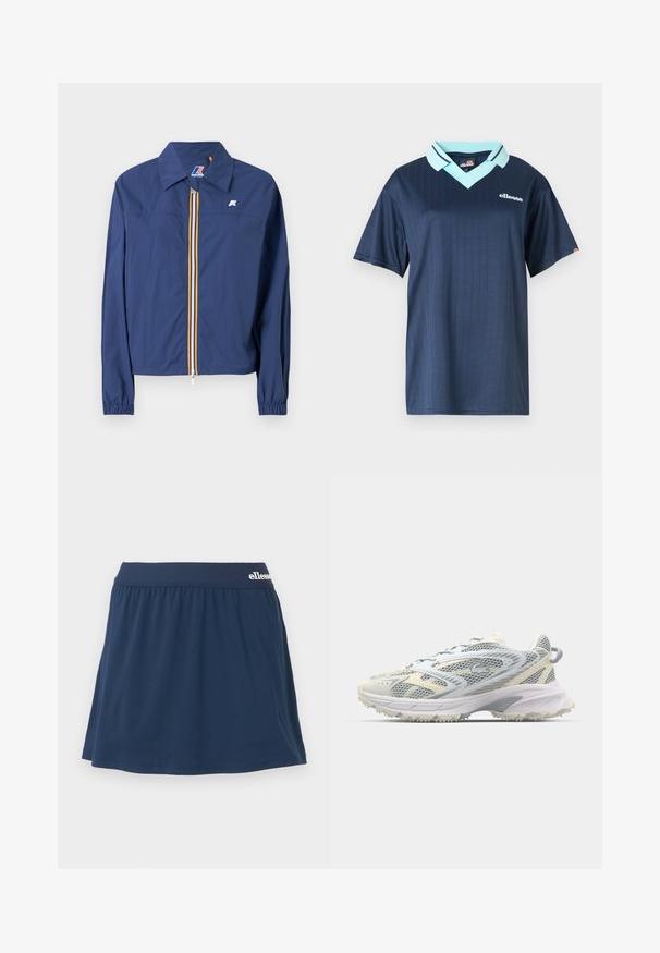 Marineblaue Jacke mit spitzem Kragen, Frontreißverschluss mit mehrfarbigem Streifen, elastischen Bündchen und einem Logo auf der Brust.; Dunkelblaues Polohemd mit kurzen Ärmeln, einem hellblauen Kragen und vertikalem Streifenmuster. Mit einem weißen Markenlogo auf der Brust.; Marineblaue, weiche Stoff-Skort mit elastischem Bund. Verfügt über ein gerafftes Design und ein kleines Logo am Bund.; Mesh-Sportschuh in Grau und Creme, mit strukturiertem Obermaterial, verstärkter Spitze und einer hellen, robusten Laufsohle für besseren Halt.