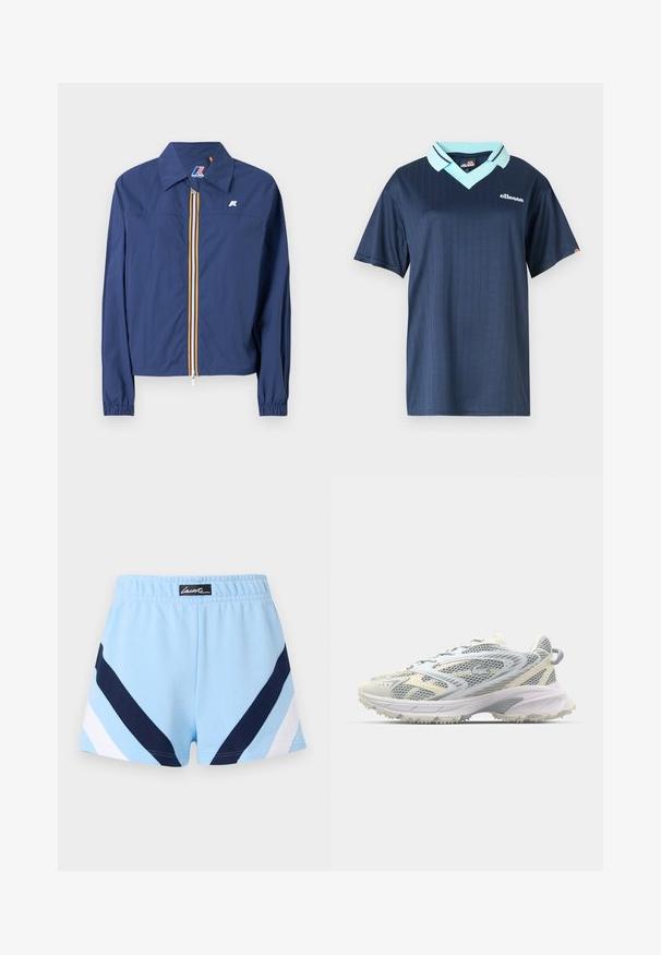 Marineblaue Jacke mit spitzem Kragen, Frontreißverschluss mit mehrfarbigem Streifen, elastischen Bündchen und einem Logo auf der Brust.; Dunkelblaues Polohemd mit kurzen Ärmeln, einem hellblauen Kragen und vertikalem Streifenmuster. Mit einem weißen Markenlogo auf der Brust.; Hellblaue Sportshorts mit marineblauen und weißen Chevron-Streifen sowie einem elastischen Bund mit einem schwarzen Etikett und weißem Text.; Mesh-Sportschuh in Grau und Creme, mit strukturiertem Obermaterial, verstärkter Spitze und einer hellen, robusten Laufsohle für besseren Halt.