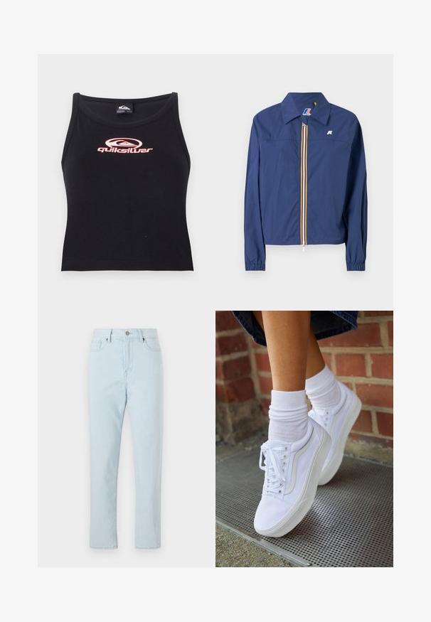 Veste bleu marine avec un col pointu, fermeture éclair à l'avant avec une rayure multicolore, poignets élastiqués et un logo sur la poitrine.; Crop top noir sans manches en tissu doux, avec un logo Quiksilver rose centré sur la poitrine. Design simple avec un décolleté arrondi.; Jean droit taille haute bleu clair avec poches avant, passants de ceinture, fermeture à bouton et couture visible le long des jambes.; Baskets en toile blanches avec semelles en caoutchouc, dotées de six œillets, d'un bout rond et de détails de couture légers, portées avec des chaussettes blanches mi-mollet.