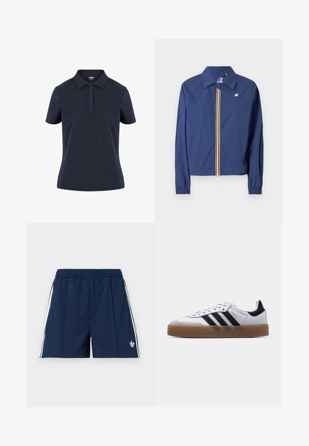 Chaqueta azul marino con cuello puntiagudo, cierre frontal con cremallera que presenta una franja multicolor, puños elásticos y un logo en el pecho.; Camisa polo azul marino hecha de tejido suave, con un cuello clásico, tapeta de tres botones y mangas cortas con un corte relajado.; Pantalones cortos deportivos azul marino con cinturilla elástica, franjas blancas en los lados, bolsillos con cremallera y un pequeño logotipo blanco de Adidas en la pierna izquierda.; Zapatillas de cuero blancas con rayas negras, suela de goma, puntera redonda, cierre de cordones y caperuza de ante gris suave.