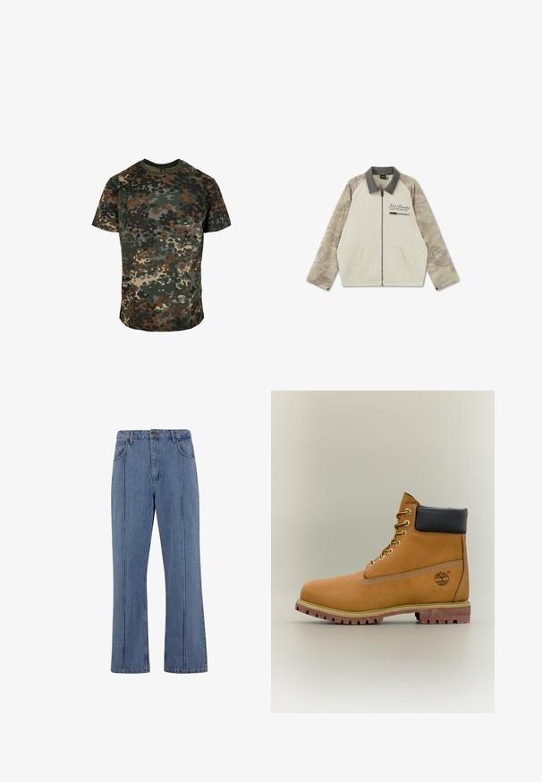Beige Reißverschlussjacke mit grauem Kragen, camouflagegemusterten Ärmeln, Fronttaschen und "Ed Hardy 1974"-Stickerei nahe der Brusttasche mit Reißverschluss.; Tarnfarbenes T-Shirt aus Baumwolle mit einem mehrfarbigen Muster in Grün, Braun und Schwarz. Rundhalsausschnitt und kurze Ärmel.; Helle blaue, hoch taillierte Jeans mit geradem Schnitt, ausgestattet mit zwei Vordertaschen, sichtbaren Nähten und leicht ausgestelltbein.; Brauner Leder-Stiefelette mit schwarzem Kragen, gelben Schnürsenkeln und hellbrauner Sohle. Verfügt über ein Logo und weiße Ziernähe. Robuste Profilsohle.