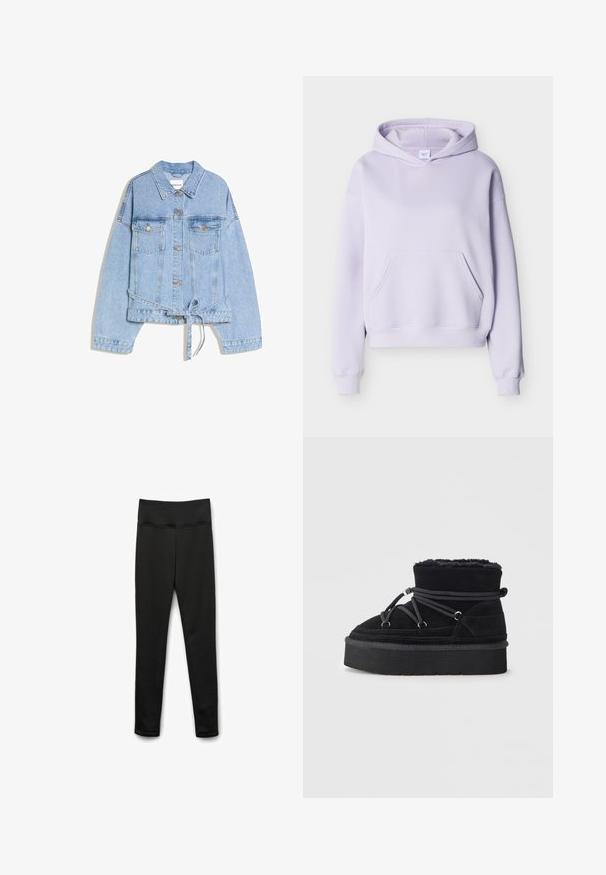 Veste en jean bleu clair avec fermeture à boutons sur le devant, deux poches poitrine, manches longues, col et une ceinture fine assortie nouée à la taille.; Sweat à capuche violet clair avec poche kangourou, poignets et ourlet côtelés, présenté sur un fond clair uni.; Leggings noirs en tissu extensible avec une large taille. Présentent une texture lisse et sans motifs ni éléments visibles.; Bottines en suède noir avec une doublure en peluche, bout rond et semelle épaisse. Équipées d'un système de lacets gris avec des accents métalliques.