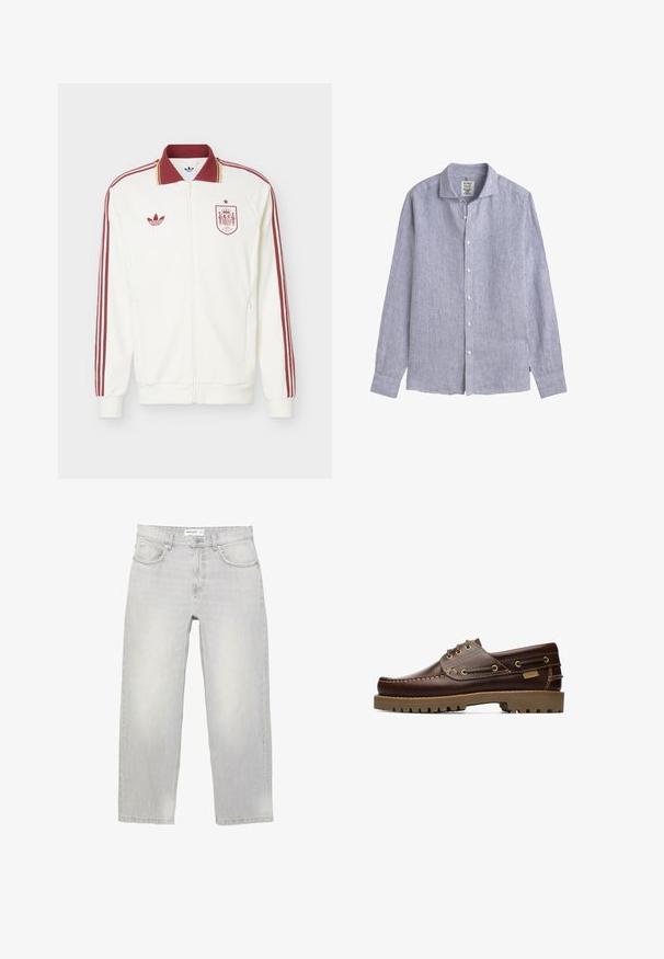 Witte sportjas met ritssluiting, met bordeauxrode strepen op de mouwen, bordeauxrode kraag, Adidas-logo op de linkerborst en het embleem van het Spaanse nationale voetbalteam op de rechterborst.; Overhemd met lange mouwen en knoopsluiting, met blauwe en witte dunne verticale strepen en een brede kraag, plat neergelegd op een witte achtergrond.; Lichtgrijze spijkerbroek met een ontspannen pasvorm, voorzien van vijf zakken, een standaard tailleband en subtiele vervaging door de hele stof.; Bruine leren veterschoen voor op een boot met gestikte details en een dikke rubberen zool, gezien vanaf de zijkant.