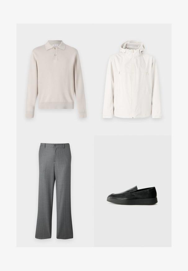 Leichte weiße Jacke mit Kapuze, Reißverschluss vorne und zwei Seitentaschen. Glatte Textur und minimalistisches Design.; Helles beiges Langarm-Polohemd aus weichem Material. Mit Kragen, Dreiknopf-Leiste sowie gerippten Bündchen und Saum.; Grau gestreifte Hose mit lockerem Schnitt, ausgestattet mit einem Knopfverschluss, Gürtelschlaufen und dezenten hellblauen Streifen.; Calvin Klein HYBRID CUP - Slipper - triple black