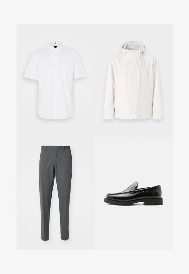 Letthvid jakke med hætte, lynlås fortil og to sidelommer. Glat tekstur og minimalistisk design.; Hvid kortærmet skjorte med knapper lavet af bomuld, med en enkelt brystlomme, klassisk krave og subtile syningsdetaljer.; Grå bukser lavet af et glat stof, der har en knaplukning, forlommer og en slim fit-design.; Sort læderloafer med chunky gummisål, syet overdel og præget mærkenavn på hælen, vist i sideprofil på hvid baggrund.