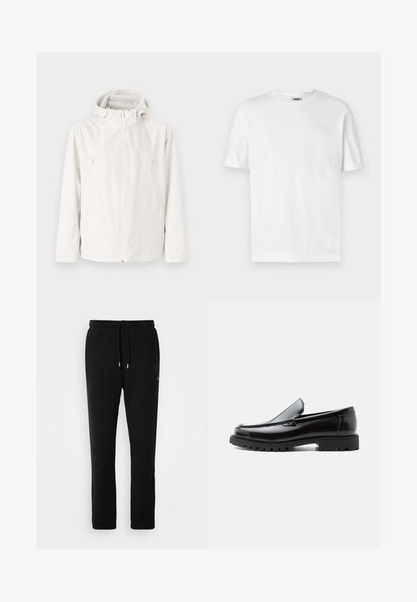 Veste blanche légère avec capuche, fermeture éclair sur le devant et deux poches latérales. Texture lisse et design minimaliste.; T-shirt en coton blanc avec un col rond, des manches courtes et des revers roulés ; design sobre, texture douce et coupe droite.; Pantalon de survêtement noir en coton doux, avec une taille à cordon, des jambes fuselées et un branding minimal dans un design subtil.; Mocassin en cuir noir avec semelle en caoutchouc épaisse, dessus cousu et nom de marque embossé sur le talon, présenté de profil sur fond blanc.