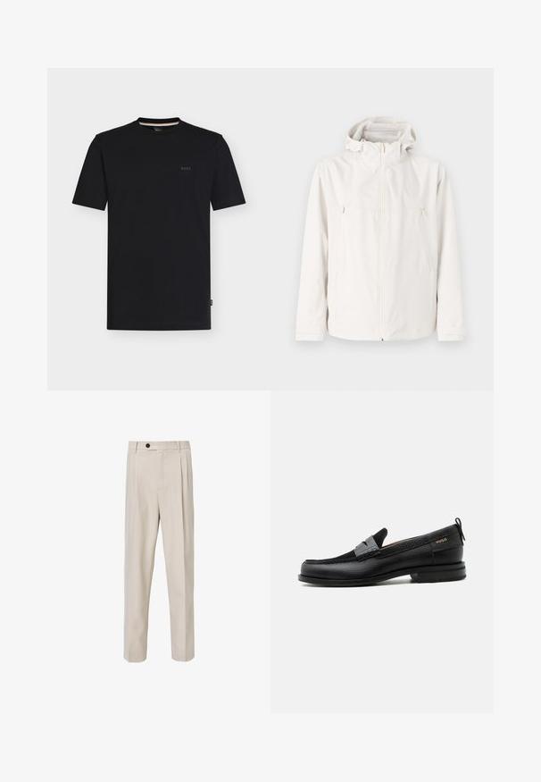 Lichtgewicht witte jas met een capuchon, ritssluiting aan de voorkant en twee zijzakken. Gladde textuur en minimalistisch ontwerp.; Zwart T-shirt met korte mouwen, ronde hals en klein "BOSS"-logo op de linkerborst, getoond op een effen witte achtergrond.; Beige op maat gemaakte broek met een recht model, voorzien van voorplooien, een knoopsluiting en een gladde stofstructuur.; Zwarte leren loafer met grijs riemdetailelement, lage hak en gestructureerde zool, aan de zijkant gebrandmerkt met "HUGO" in goud.