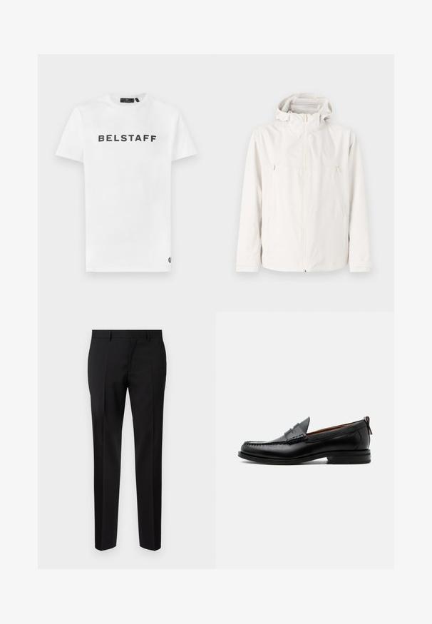 Kerge valge jakk kapuutsiga, lukuga ees ja kahe küljetaskuga. Sujuv tekstuur ja minimalistlik disain.; Valge puuvillane T-särk, mille esiküljel on must "BELSTAFF" logo. Klassikaline ümar kaelus ja lühikesed varrukad, hemil on väike logo detail.; Mustad kohandatud püksid, mis on valmistatud siledast kangast, sirge säärega, rafineeritud voldiku detaljidega ning klassikalise vöökohtaga, millel on vööaasad.; Mustast nahast meeste mokasiin, millel on moc varbaõmblus, penny rihm, tekstuuriga krae ja madal virnastatud konts valgel taustal.