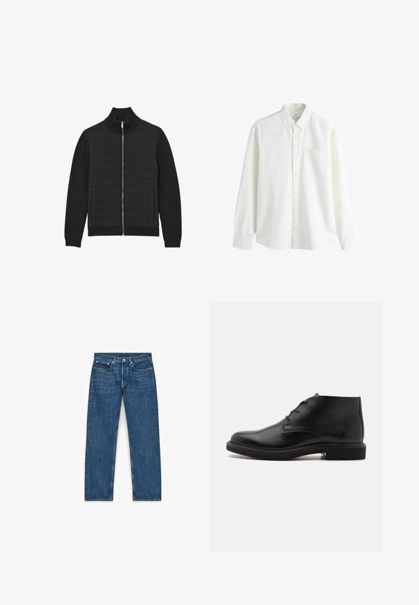 Zwarte jas met ritssluiting, geribde hoge kraag en mouwen, horizontale gewatteerde voorkant en twee voorzakken.; Witte blouse met knopen, lange mouwen, een borstzak en een met knopen sluitende kraag, plat liggend op een witte achtergrond.; Blauwe spijkerbroek met een rechte pijp, vier zakken en metalen hardware details. De stof heeft een lichte textuur en een gelijkmatige wassing.; Zwarte leren enkellaars met drie veterogen, een afgeronde neus en platte zool op een effen lichte achtergrond.