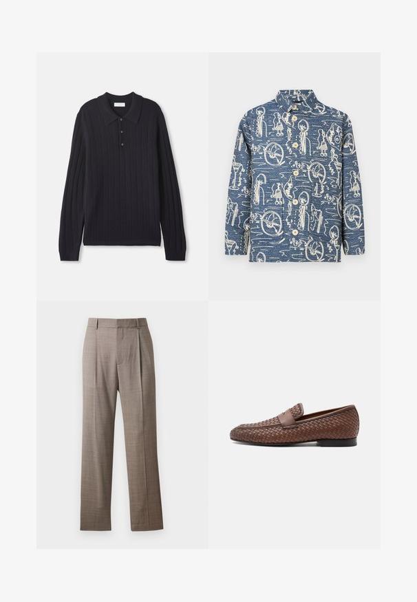 Skjorte med knapper i blå denim med cremefarvet abstrakt mønster. Har krave og fire knapper foran. Lange ærmer med løs pasform.; Mørkeblå langærmet strikket polo sweater med tre knapper og ribbede manchetter, der har et struktureret lodret stribemønster.; Brune skræddersyede lige ben bukser med bæltestropper og forfald, præsenteret mod en hvid baggrund.; Brun vævet læderloafer med en rem tværs over toppen og en lav sort hæl, vist fra siden på en hvid baggrund.