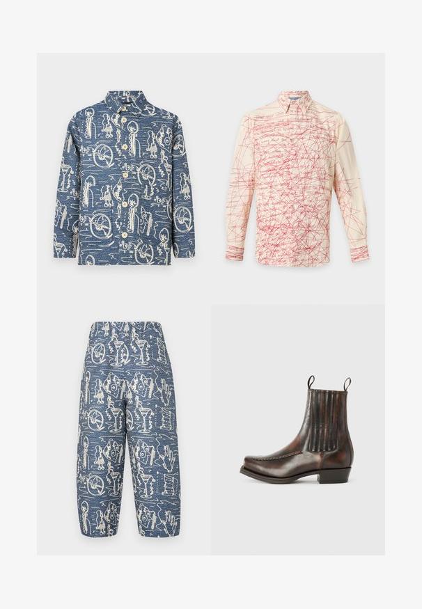 Chemise boutonnée en denim bleu avec un motif abstrait crème. Dotée d'un col et de quatre boutons à l'avant. Manches longues avec une coupe décontractée.; Chemise beige à manches longues boutonnée avec écriture manuscrite rouge griffonnée et motifs de lignes chaotiques sur le devant et les manches.; Pantalon bleu à motifs en tissu léger, présentant des motifs abstraits blancs de différentes formes et objets sur toute la surface.; Bottine en cuir marron avec une finition lisse, des panneaux élastiques sur les côtés, un bout rond, des coutures décoratives et un petit talon carré.