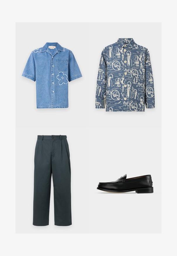 Sinine teksariidest nööbiga särk, millel on kreemikas abstraktne muster. Omab krae ja nelja esinööpi. Pikkade varrukatega, lahtise lõikega.; Helevarvarine teksashirt helesinine, millel on kaks fraktsiooni lillemotifi, rindade tasku ja valge nupu sulgemine ees.; Tumedast roheline laia säärega püksid, mis on valmistatud pehmest ja kergest kangast. Omab frontaalset volditud detaili, nööpkinnitust ja vöörihmasid. Kohandatud disain.; Meeste must nahast loafer madala kontsa ja mokasiini-tüüpi õmblusega varbaosas, küljelt vaadatuna, ühevärvilise taustaga.