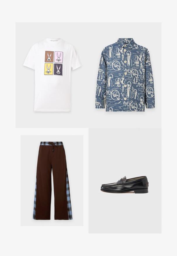 Chemise boutonnée en denim bleu avec un motif abstrait crème. Dotée d'un col et de quatre boutons à l'avant. Manches longues avec une coupe décontractée.; T-shirt blanc à manches courtes avec quatre carrés colorés montrant chacun le visage de Bugs Bunny sur un fond marron, rose, jaune et bleu foncé.; Pantalon large marron avec bandes latérales à carreaux bleus et noirs et taille à lien coulissant.; Mocassins en cuir noir avec un design de style mocassin, présentant une bande décorative et un détail de couture sur le dessus. Talon bloc bas.