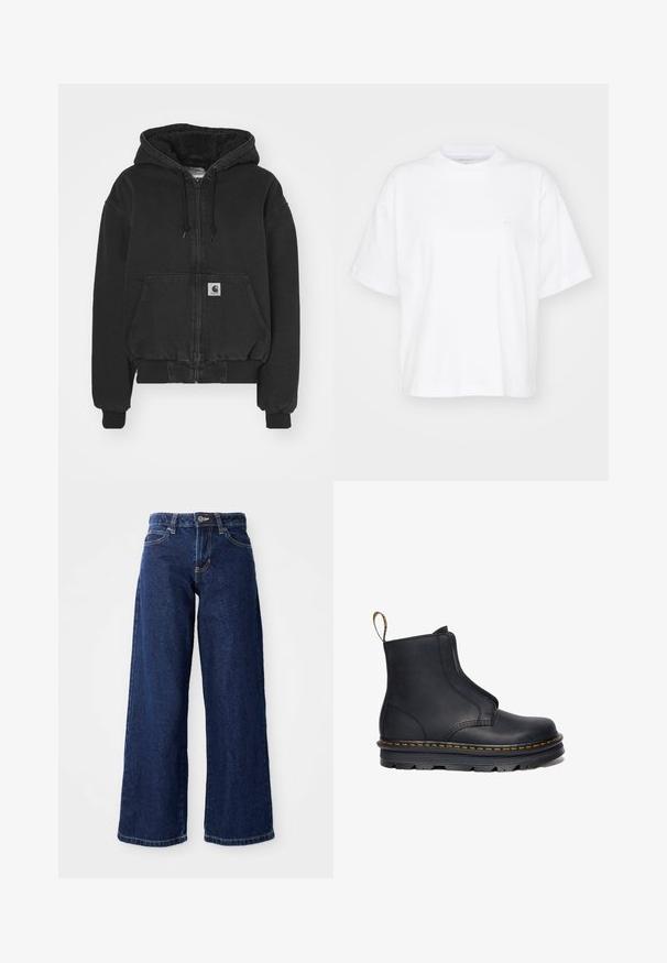 Carhartt WIP ACTIVE - Cowboyjakker - black stone washed; Hvid bomulds t-shirt med rund hals, korte ærmer og en afslappet pasform. Har et diskret logo på venstre brystområde. Glat tekstur.; Mørkeblå vide jeans lavet af denim, med knap- og lynlåslukning, bæltesløjfer og klassisk fem-lomme design.; Sort læder ankelstøvle med elastiske sidepaneler, rund tå, kontrasterende gul syning og en kraftig gummisål.