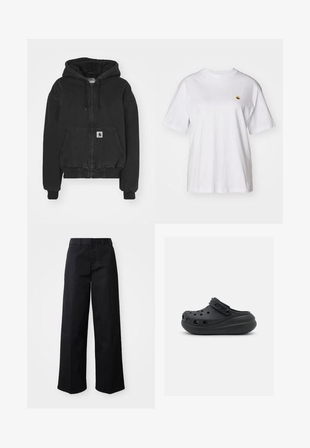 Carhartt WIP ACTIVE - Jeansjacke - black stone washed; Weißes Baumwoll-T-Shirt mit lockerem Schnitt, kurzen Ärmeln und einem kleinen gestickten Logo auf der linken Brustseite.; Schwarze, weit geschnittene Hose aus weichem Baumwollstoff. Verfügt über einen klassischen Bund, seitliche Taschen und einen geraden Schnitt bis zum Saum.; Schwarzer Gummischuh mit Belüftungsöffnungen, erhöhtem Absatz und verstellbarem Riemen. Glatte Textur und abgerundete Form.