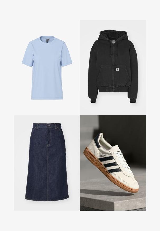 Carhartt WIP ACTIVE - Cowboyjakker - black stone washed; Lyseblå t-shirt med korte ærmer lavet af blødt stof, med en klassisk rund halsudskæring og uden synlige mønstre eller detaljer.; Mørk denimnederdel med høj talje, lige skæring, forlommer og stikninger. Har lynlås og knaplukning i taljen.; Hvide ruskinds sneakers med marineblå striber, gummisål, struktureret overdel, rund tå og snøring; har branding på siden og tungen.
