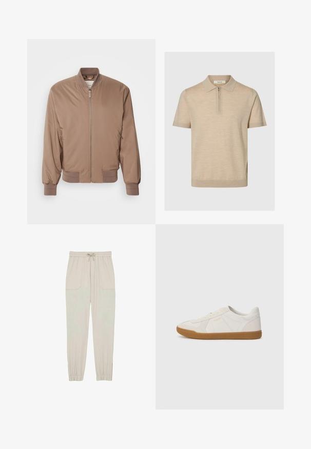 Braune Bomberjacke mit Reißverschluss, gerippten Bündchen und Saum sowie seitlichen Taschen. Hergestellt aus glattem, leichtem Material mit matter Oberfläche.; Beige Polohemd mit kurzen Ärmeln, Reißverschluss am Kragen und tailliertem Saum, gefertigt aus leichtem Strickstoff.; Helle beigen Jogginghosen aus weichem Stoff, mit einem elastischen Bund und Kordelzug, seitlichen Taschen und schmal zulaufenden Knöcheln.; Weiße Sneaker aus glattem Leder mit einer Sohle aus Gummi, ausgestattet mit einfachen Nähten und einem kleinen goldenen Logo an der Seite.