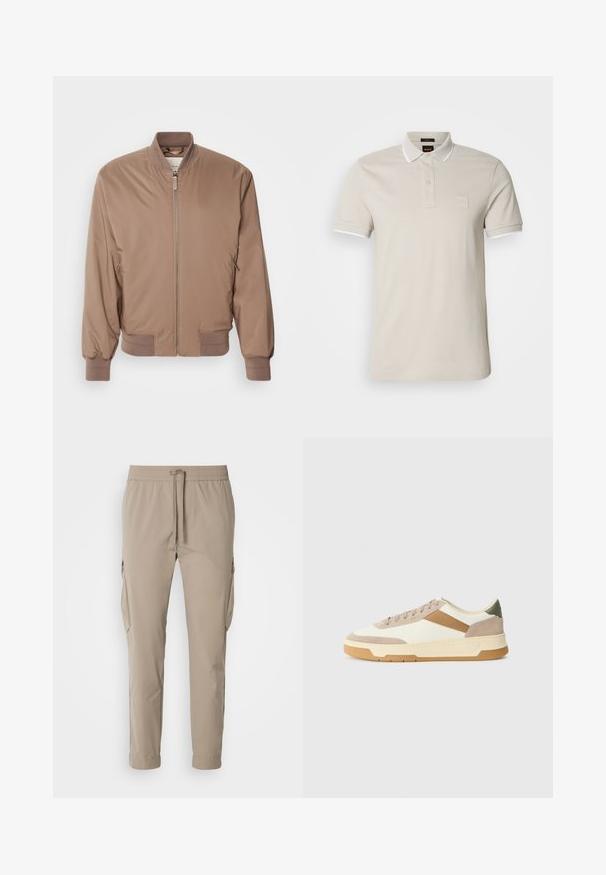 Braune Bomberjacke mit Reißverschluss, gerippten Bündchen und Saum sowie seitlichen Taschen. Hergestellt aus glattem, leichtem Material mit matter Oberfläche.; Beige Polohemd aus Baumwolle mit weißem Kragen, kurzen Ärmeln und einem strukturierten Logo-Patch auf der Brust.; Beige Cargo-Hosen mit elastischem Bund und Kordelzug. Sie verfügen über Seitentaschen und ein schmal zulaufendes Bein, gefertigt aus leichtem Stoff.; Sneaker in Beige, Creme und Olivgrün, aus Wildleder und Leder, mit runder Zehenpartie, minimalistischem Design und Gummisohle.
