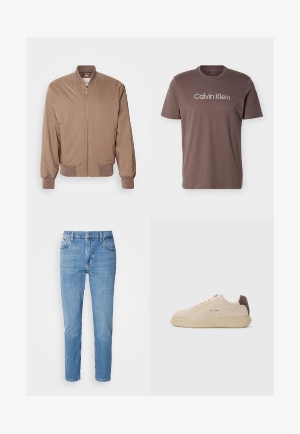 Chaqueta bomber marrón con cierre de cremallera en la parte delantera, puños y dobladillo acanalados, y bolsillos laterales. Fabricada con un material suave y ligero con un acabado mate.; Camiseta marrón de manga corta y cuello redondo con el texto del logo "Calvin Klein" centrado en el pecho.; Vaqueros de mezclilla azul claro con corte recto, diseño de cinco bolsillos y un sutil desgastado. Presentan un cierre de botón y pasadores para cinturón.; Zapatilla de ante beige con punta redondeada, cordones en la parte frontal y un acento de ante marrón en el talón. Cuenta con una suela de goma texturizada.