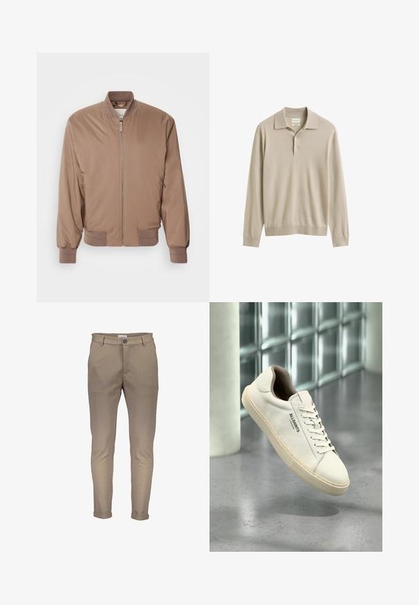 Braune Bomberjacke mit Reißverschluss, gerippten Bündchen und Saum sowie seitlichen Taschen. Hergestellt aus glattem, leichtem Material mit matter Oberfläche.; Beiges Langarm-Poloshirt mit Kragen und zwei Knöpfen, gerippten Bündchen und Saum, glattem Strickstoff und GANT-Markenlabel im Kragen.; Beige Baumwollmischhosen mit schmaler Passform, versehen mit einem Knopfverschluss, Gürtelschlaufen und aufgerollten Beinen. Glatte Textur mit sauberer Naht.; Weißer Canvas-Sneaker mit beiger Sohle und Schnürsenkeln, "AllSaints London" Logo an der Seite, schwebend über einem grauen, polierten Boden in der Nähe von Glasblöcken.