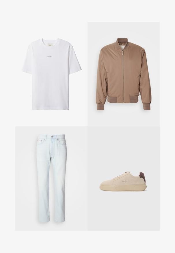 Chaqueta bomber marrón con cierre de cremallera en la parte delantera, puños y dobladillo acanalados, y bolsillos laterales. Fabricada con un material suave y ligero con un acabado mate.; Camiseta blanca de algodón con cuello redondo y mangas cortas. Cuenta con un pequeño logo negro de "Calvin Klein" centrado en el pecho.; Jeans de mezclilla azul claro con corte recto. Cuentan con un cierre de botón y pasadores para cinturón, mostrando una textura desgastada y costuras mínimas.; Zapatilla de ante beige con punta redondeada, cordones en la parte frontal y un acento de ante marrón en el talón. Cuenta con una suela de goma texturizada.