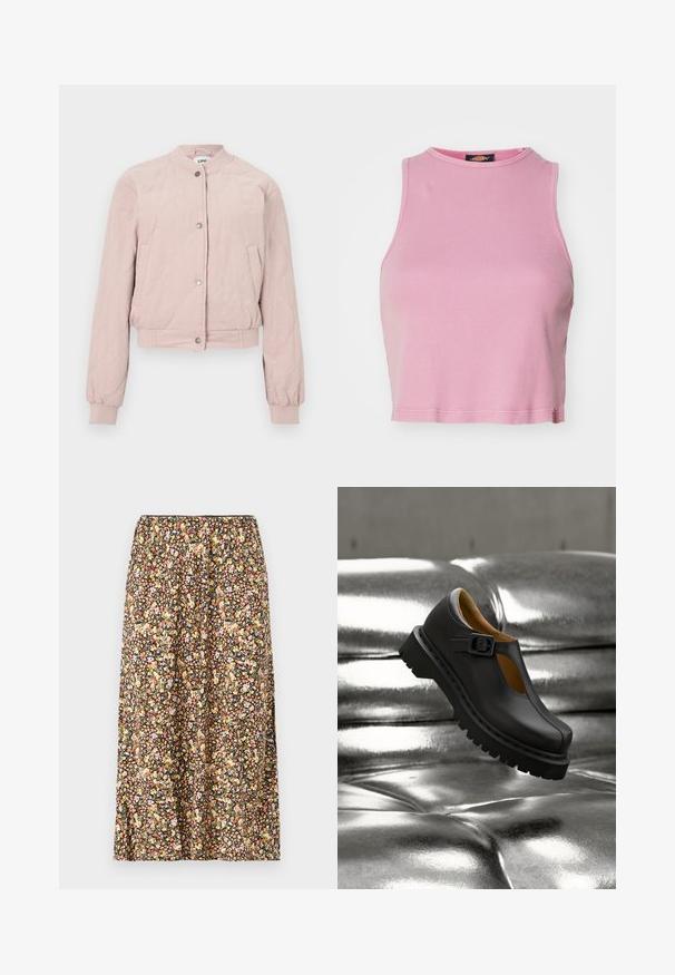 Veste aviateur matelassée rose avec col rond, fermeture à boutons-pression et poches latérales ; dotée de poignets et d'un ourlet côtelés.; Crop top rose à côtes avec un col rond et un design sans manches. Se termine juste au-dessus de la taille.; Jupe à motif floral sur fond noir, ornée de petites fleurs de couleur rose, jaune et blanche. Taille élastique et longueur à mi-genoux.; Chaussure Mary Jane en cuir noir avec une semelle épaisse rainurée et une bride à boucle, flottant au-dessus d'une surface argentée brillante matelassée.
