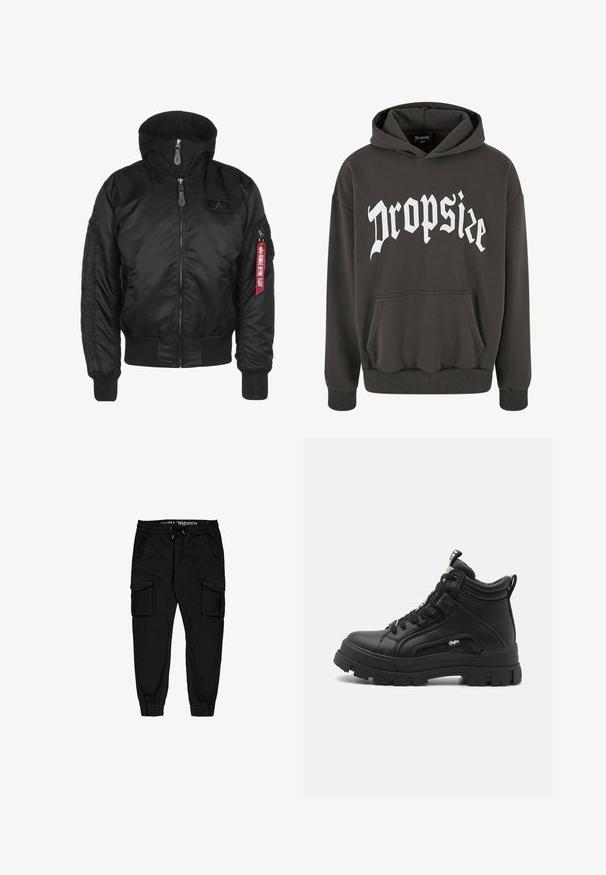 Zwarte bomberjack met capuchon, voorzien van een rits aan de voorkant, geribbelde manchetten en een logo-opdruk. Inclusief een rode tag op de mouw voor een extra detail.; Donkergrijze hoodie met een groot wit grafisch ontwerp met de tekst "Dropsize" over de borst. Voorzien van een kangoeroezak en geribbelde manchetten.; Zwarte cargo-broeken van lichtgewicht stof, met een elastische tailleband, trekkoord en meerdere zijzakken met taps toelopende broekspijpen.; Zwarte hoge schoenen van gestructureerd leer, met een dikke rubberen zool, vetersluiting aan de voorkant en een klein logo detail aan de zijkant.