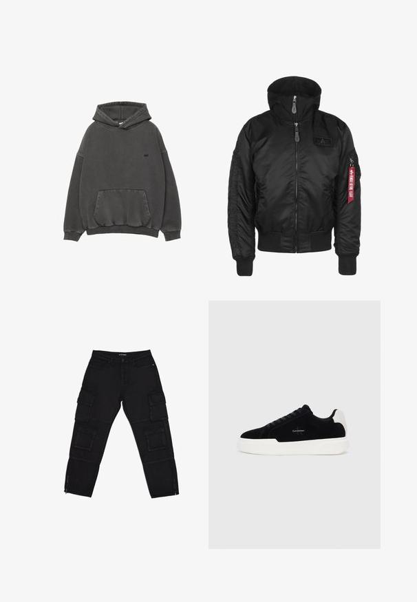 Schwarze Bomberjacke mit Kapuze, mit einem Reißverschluss vorne, gerippten Bündchen und einem Logo-Patch. Enthält ein rotes Etikett am Ärmel für zusätzliche Details.; Dunkelgrauer Kapuzenpullover mit frontaler Kängurutasche, gerippten Bündchen und Saum sowie kleinem schwarzen besticktem Logo auf der Brust.; Schwarze Cargo-Hosen aus robustem Stoff, ausgestattet mit mehreren Cargotaschen, Reißverschluss-Ärmeln und geraden Beinen mit dezenten Nähdetails.; Schwarze Low-Top-Sneaker mit weißer Sohle und Fersenkappe, Schnürung vorne und Calvin Klein-Logo an der Seite.