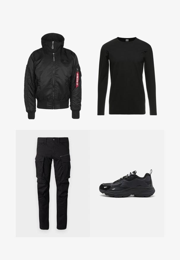 Sort bomberjakke med hætte, der har en lynlås foran, ribbede manchetter og et logopatch. Inkluderer et rødt mærke på ærmet for ekstra detalje.; Urban Classics STRETCH TERRY - Langærmet T-shirt - black; Sorte cargo bukser lavet af slidstærkt stof, med flere sidelommer, en lynlåslomme, tapered ben og forstærkede sømme.; Sort løbesko med en tekstureret overdel, glatte syntetiske detaljer, tyk sål og reflekterende elementer. Har et snørebåndsdesign og en pull tab.